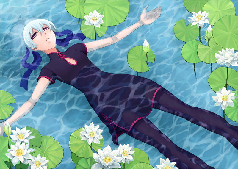 Anime Girl Floating in Pond — Blue