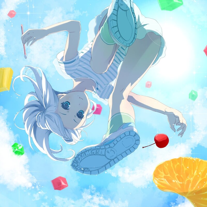 Anime girl floating in sky