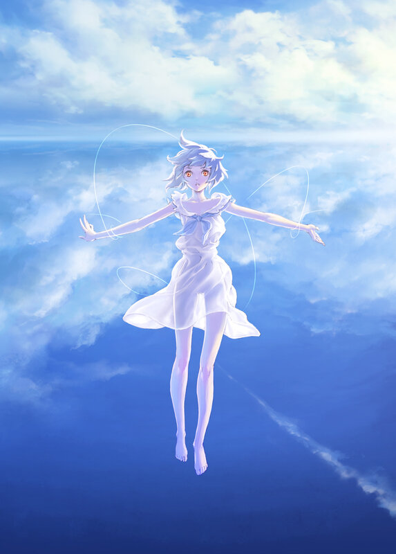 anime girl floating in sky