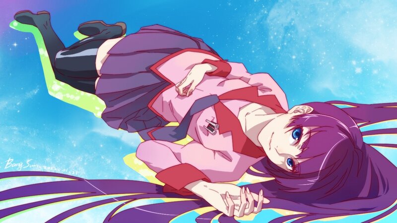Anime girl floating in sky