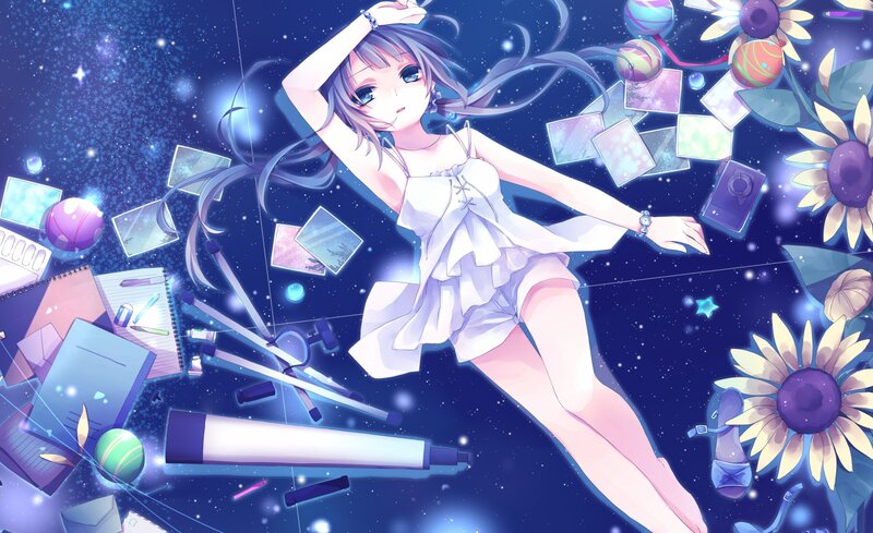 Anime Girl Floating in Space — Blue, Dreamy, Night