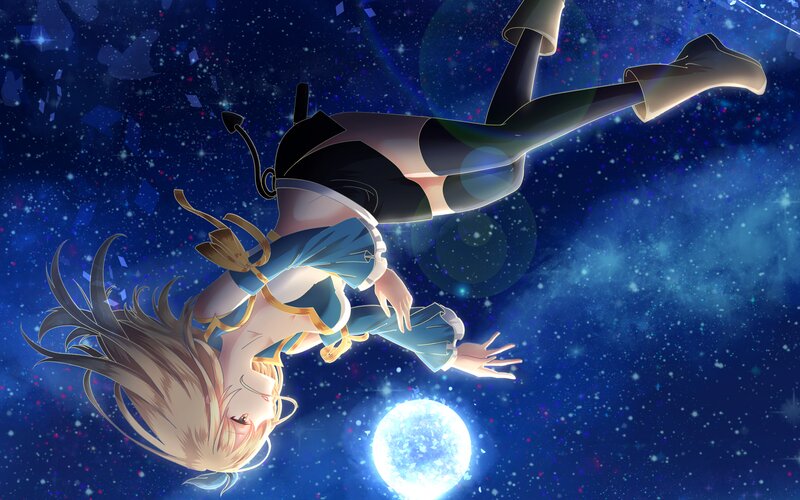 Anime Girl Floating in Space — Blue, Serene, Night, Digital Art, Stars