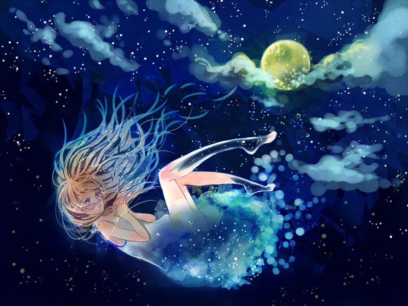 Anime Girl Floating in Space — Blue, Serene, Night, Digital Art