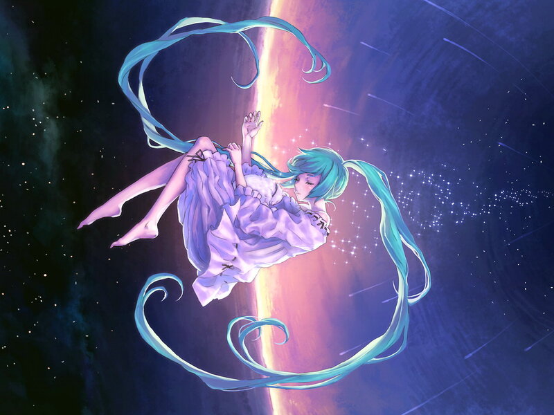 Anime Girl Floating in Space — Blue, Serene, Night