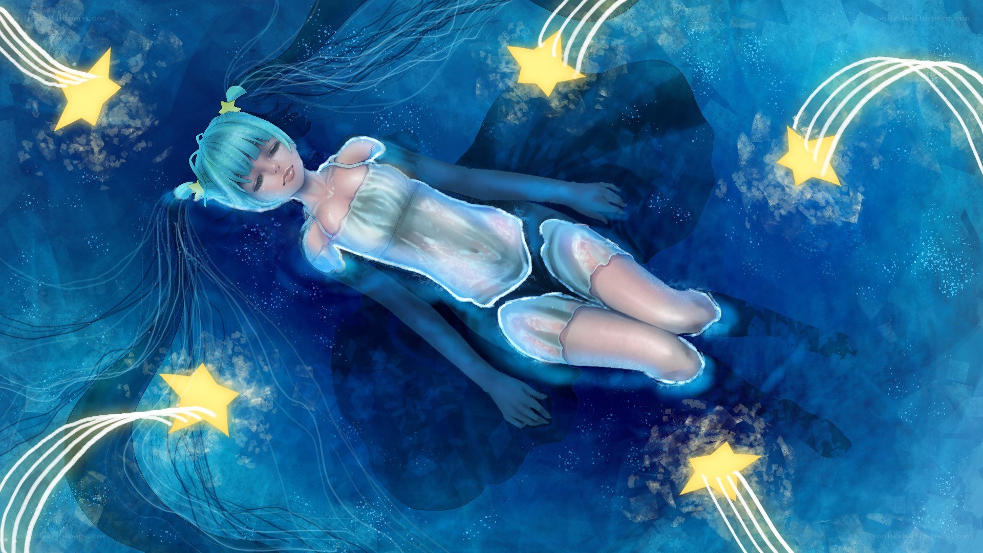 Anime girl floating in starry sky