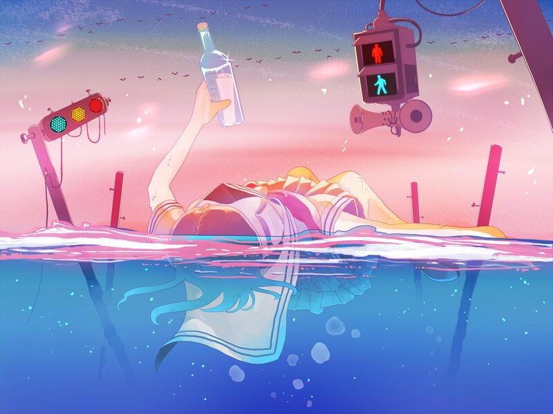 Anime girl floating in water