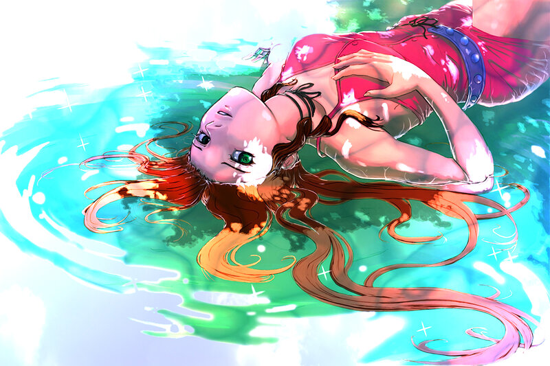 Anime Girl Floating in Water — Blue, Serene, Afternoon
