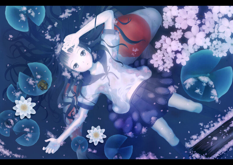 Anime Girl Floating in Water — Blue, Serene, Spring