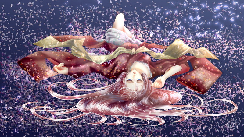 Anime Girl Floating — Purple, Serene, Spring
