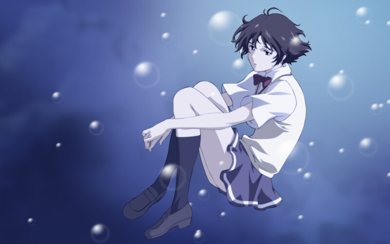 Anime Girl Floating Underwater — Blue, Serene