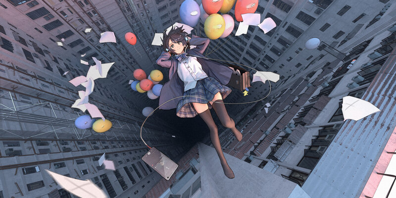 Anime Girl Floating with Balloons
