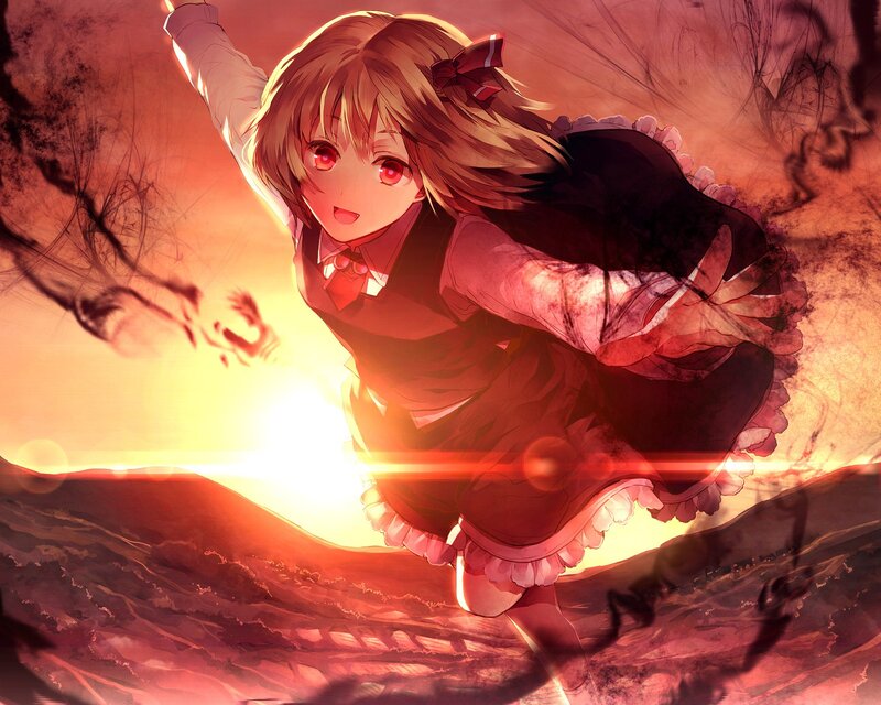 Anime girl flying at sunset