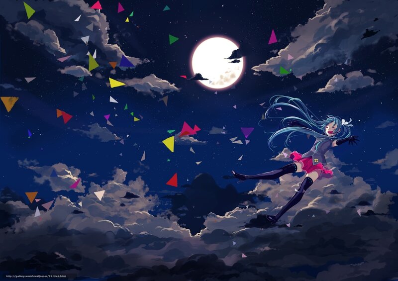 Anime girl flying in night sky