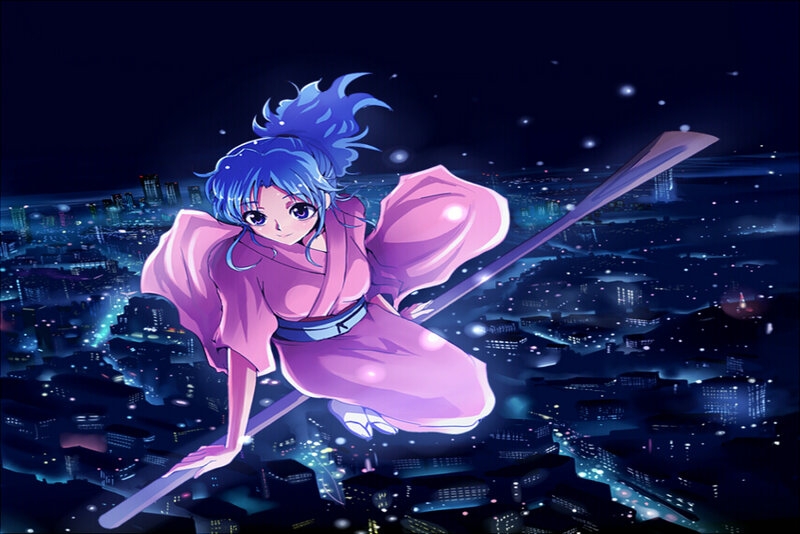 anime girl flying over city