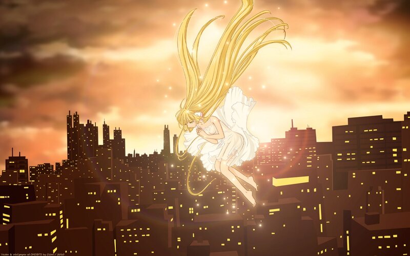 Anime girl flying over city