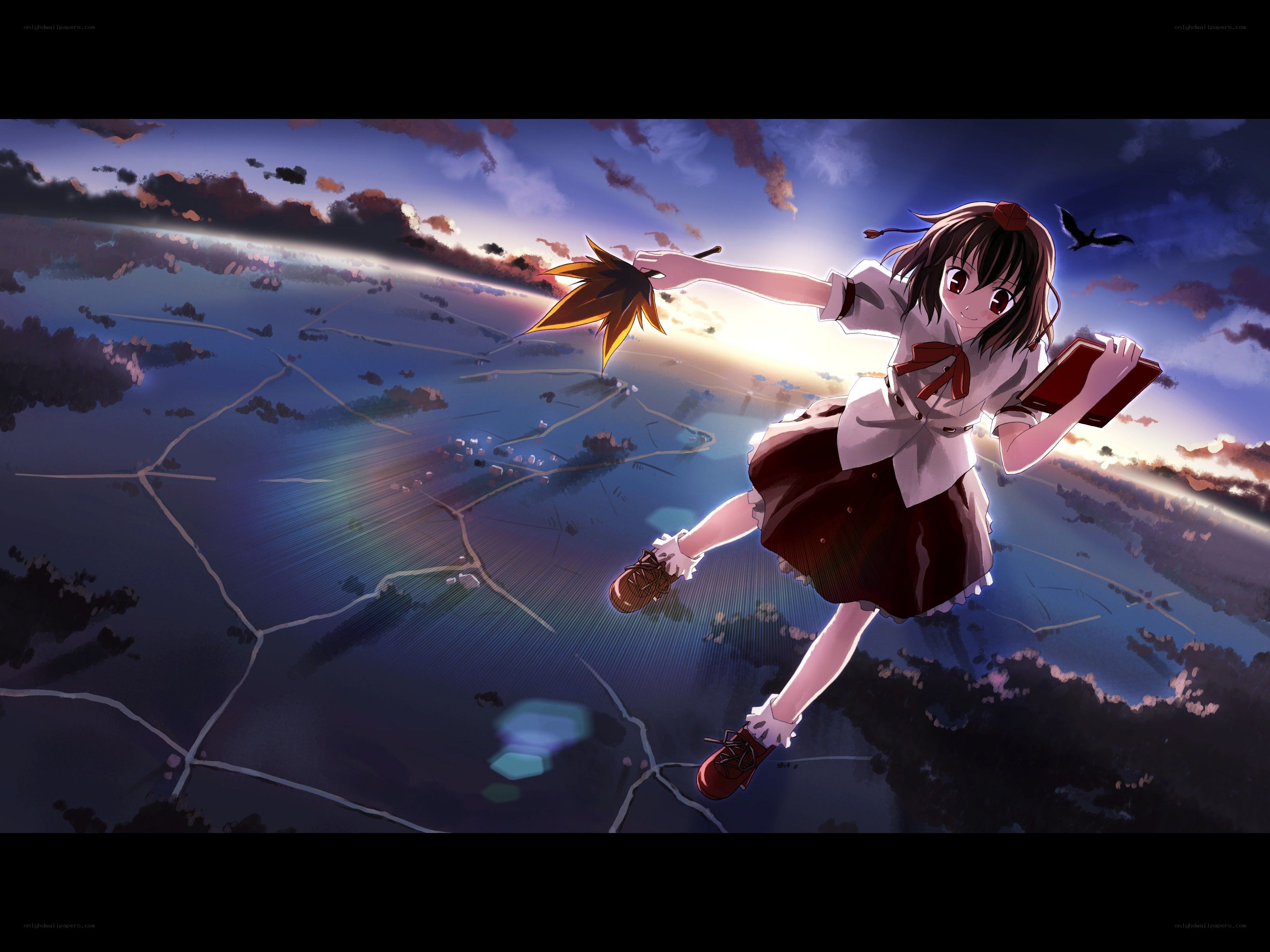 anime girl flying over landscape