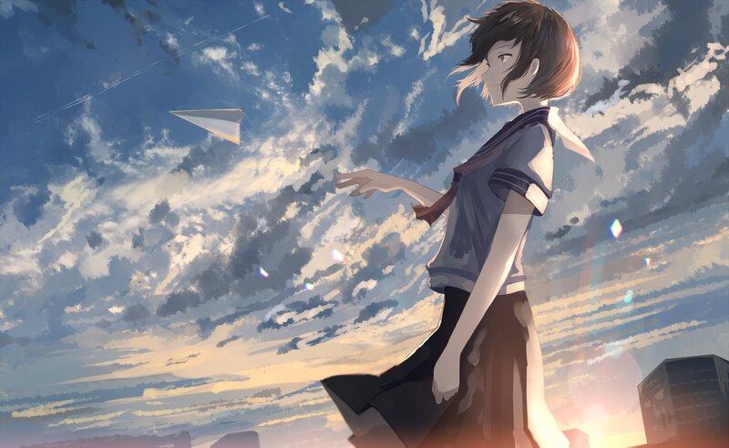 Anime Girl Flying Paper Airplane