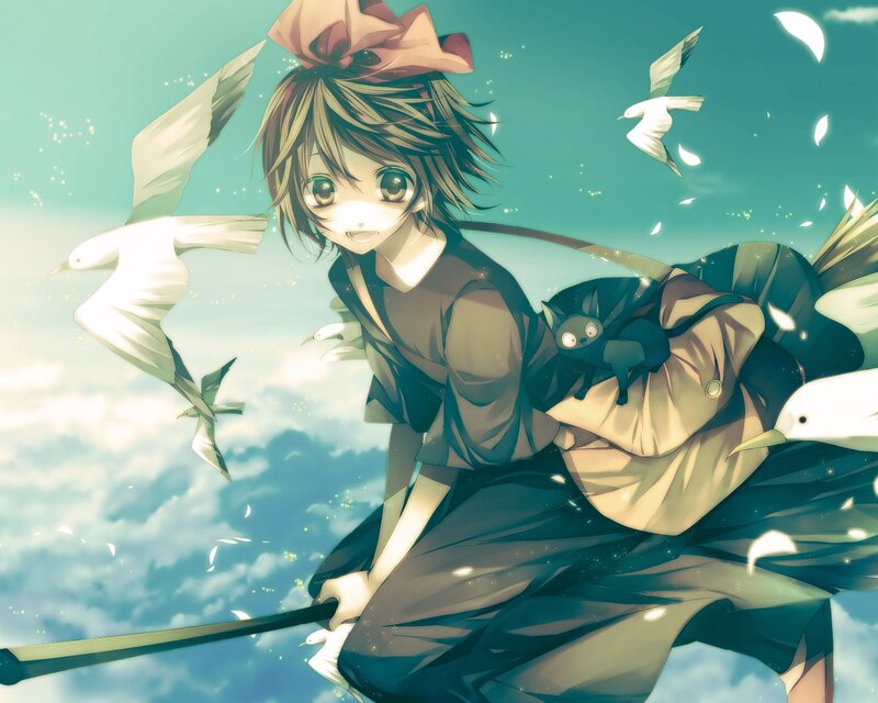 Anime girl flying with birds