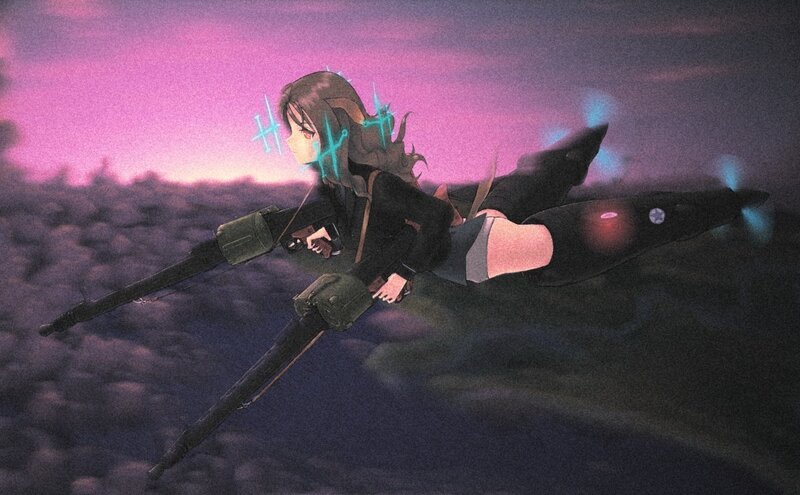 anime girl flying with rifle