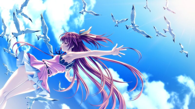 anime girl flying with seagulls