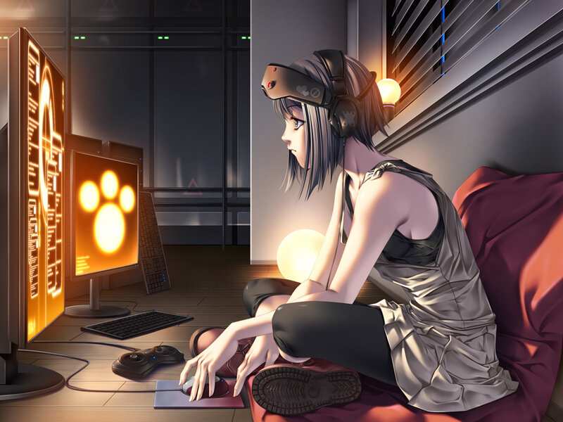 anime girl gaming at night