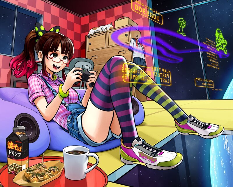 Anime girl gaming at night