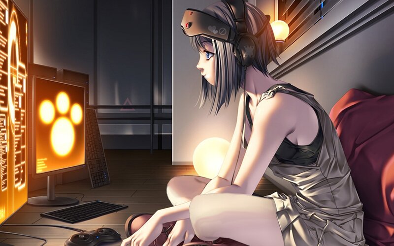 anime girl gaming at night