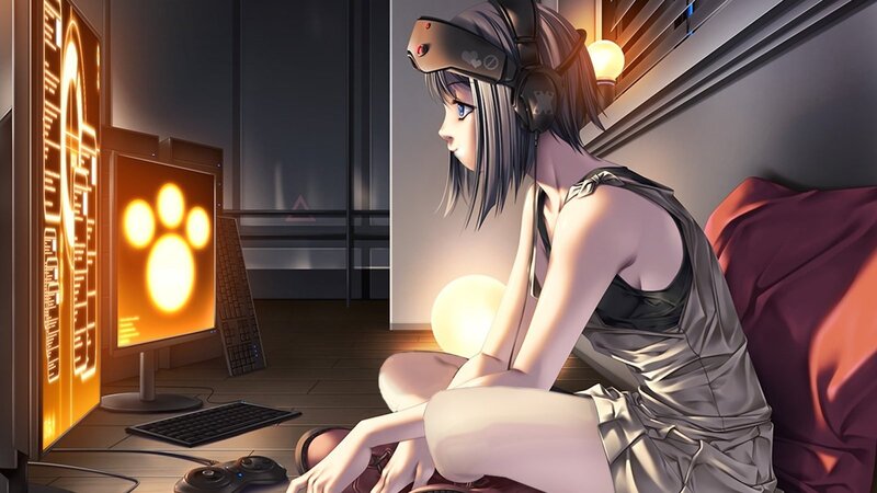 anime girl gaming at night