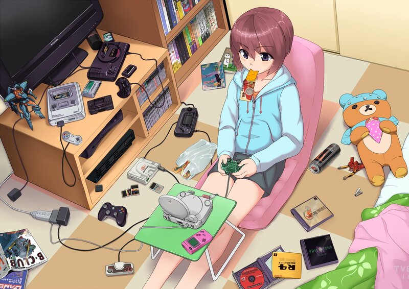 Anime girl gaming in messy room