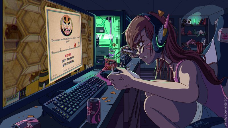 Anime Girl Gaming — Purple, Focused, Night