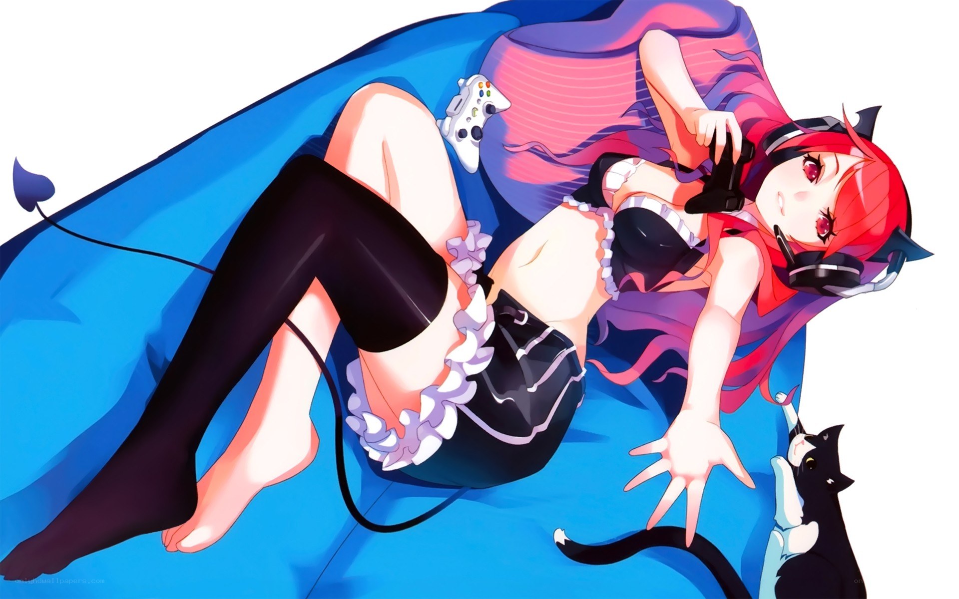 anime girl gaming with cat