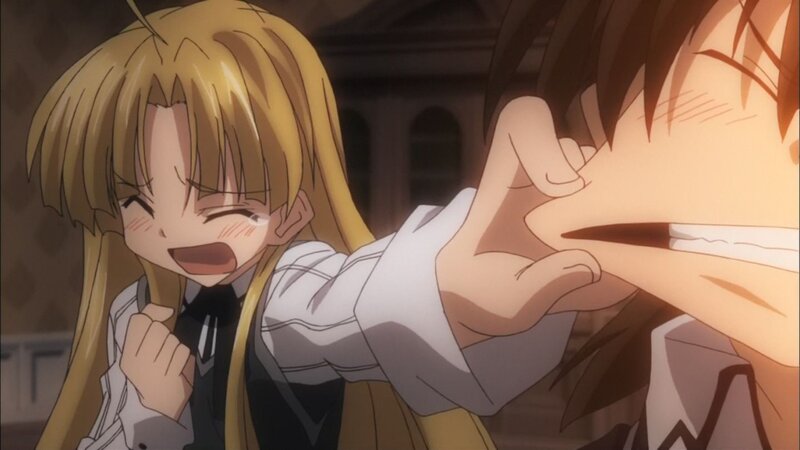 anime girl grabbing boy's face