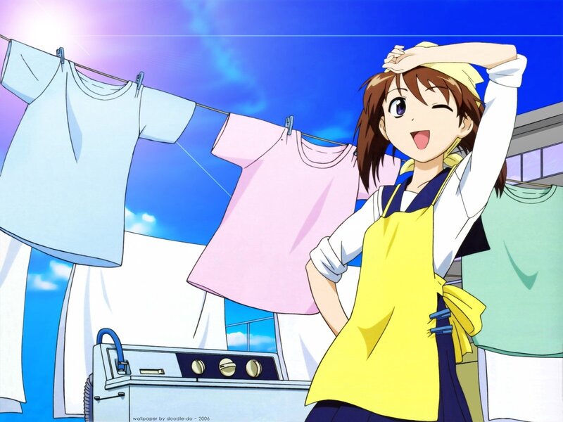 Anime Girl Hanging Laundry — Blue, Cheerful