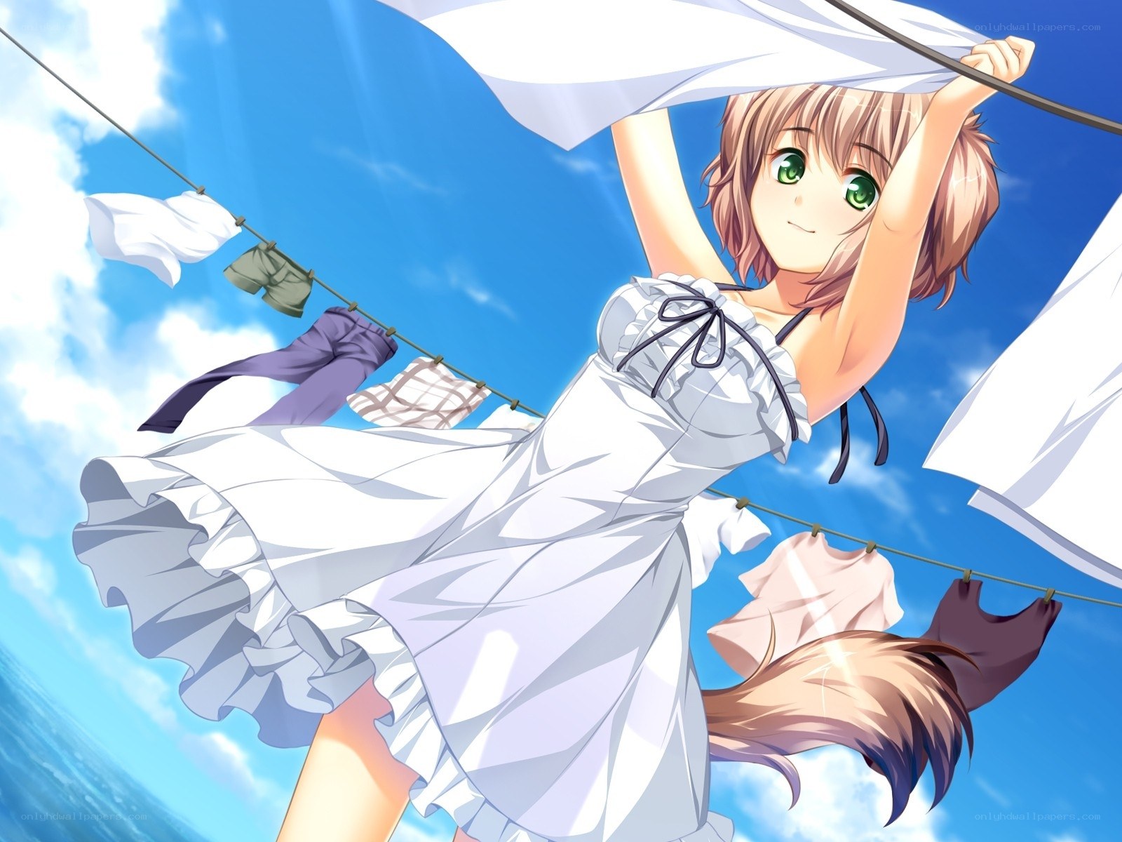 Anime girl hanging laundry
