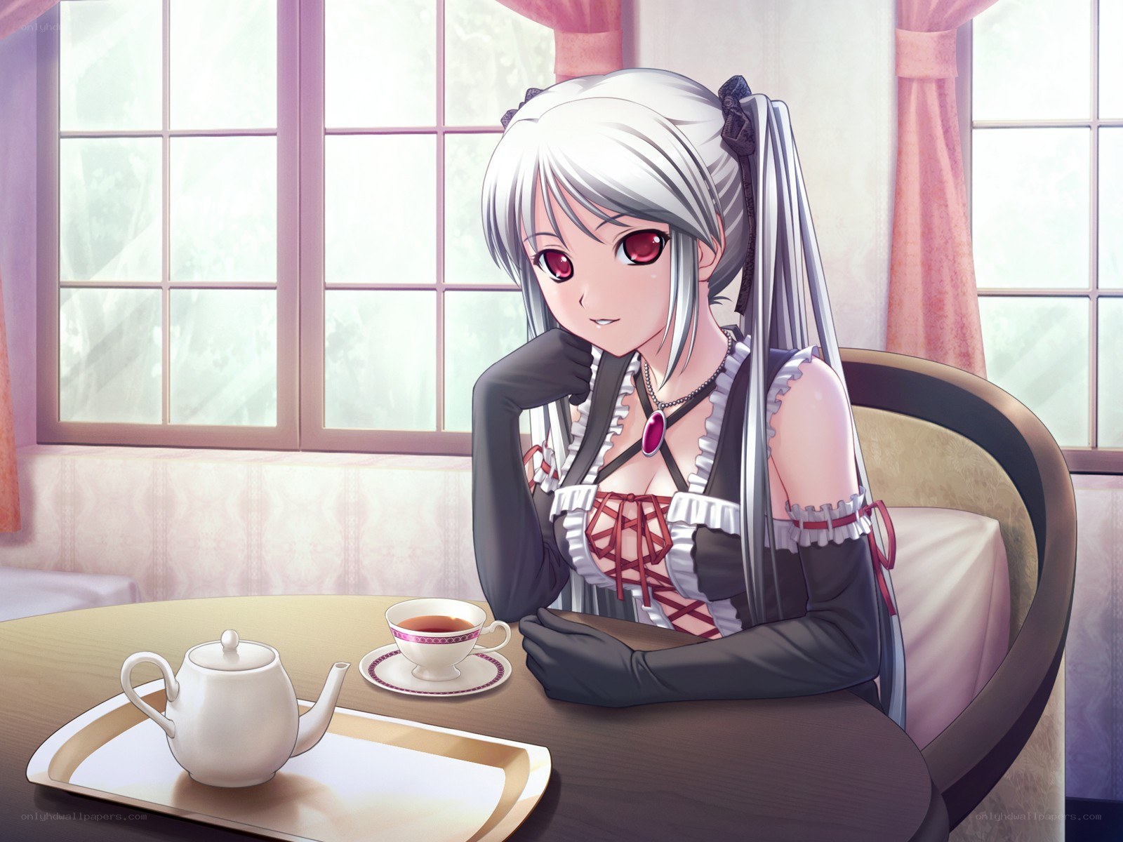 anime girl having tea