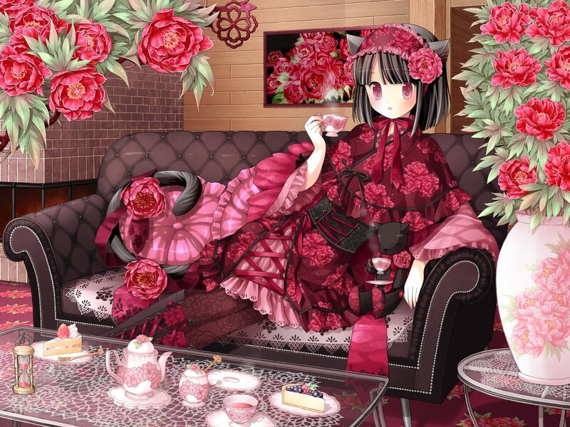 Anime girl having tea party