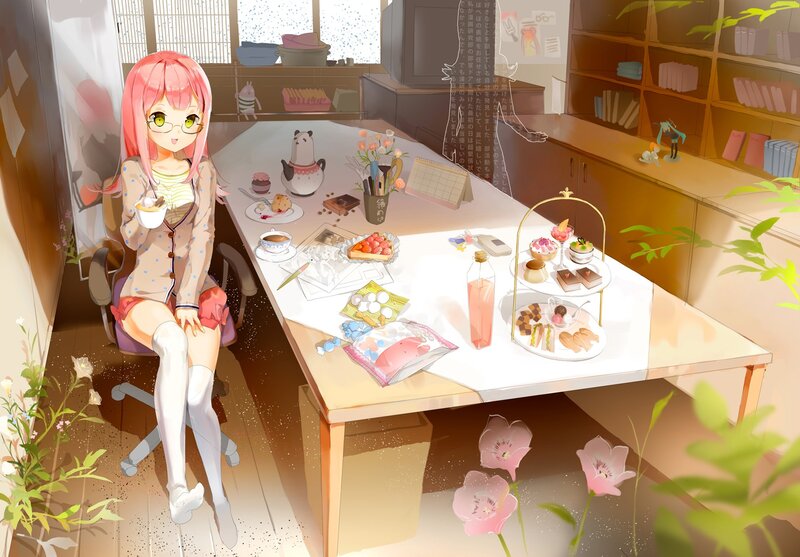Anime girl having tea time