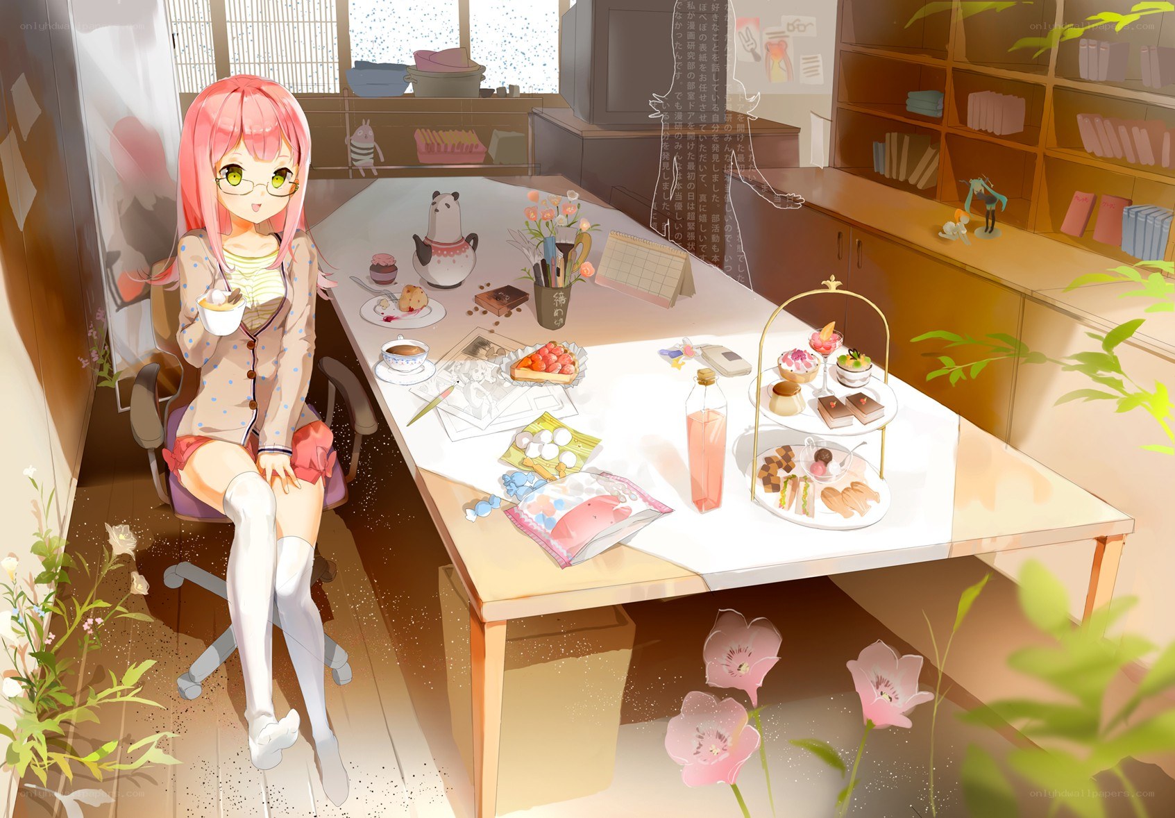 Anime girl having tea time