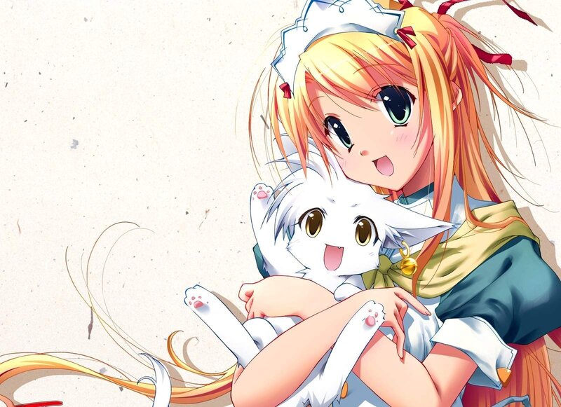 anime girl holding a cat