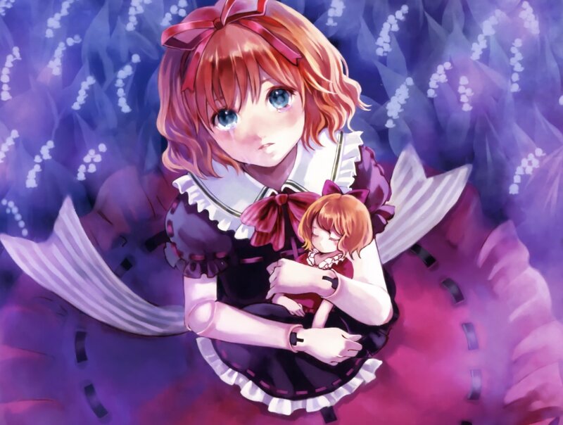 Anime girl holding a doll