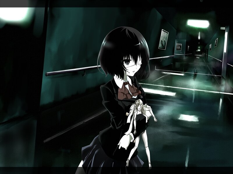 Anime girl holding a doll in a dark hallway