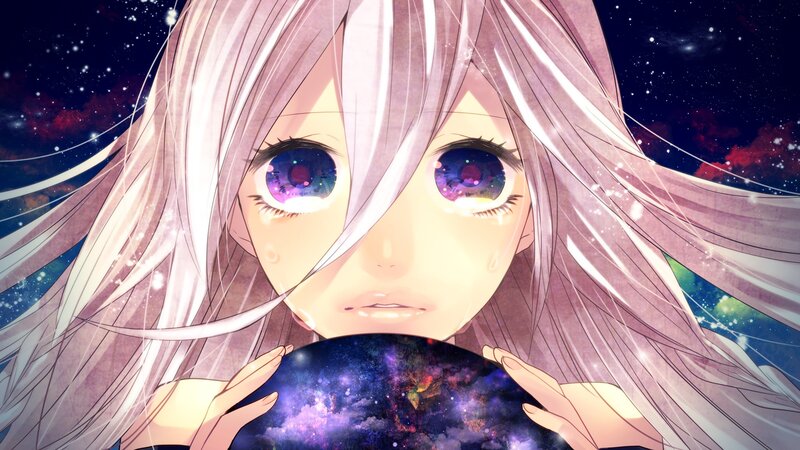 anime girl holding a galaxy