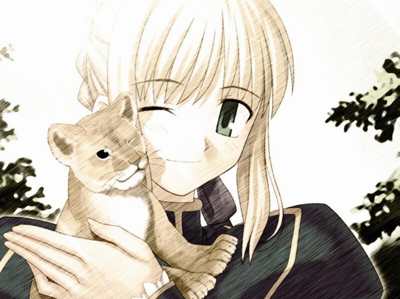 anime girl holding a kitten