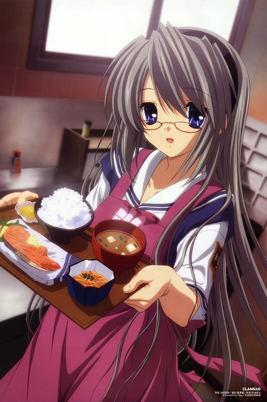 Anime girl holding a meal tray