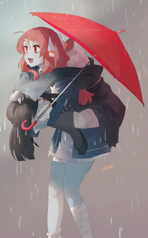 Anime Girl Holding Another — Red