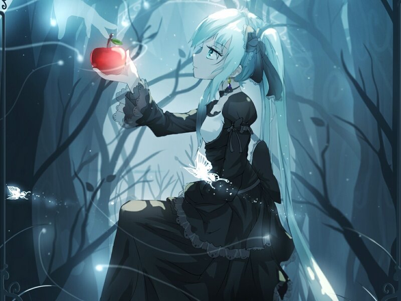 Anime Girl Holding Apple — Blue, Mysterious