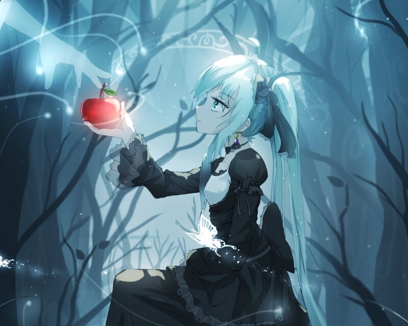 Anime Girl Holding Apple — Blue, Mystical
