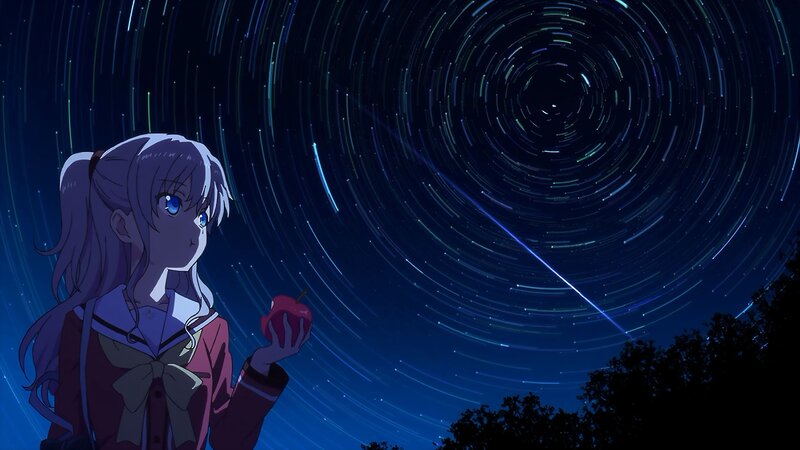 Anime Girl Holding Apple — Blue, Serene, Night, Stars