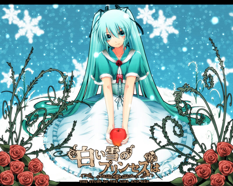 Anime Girl Holding Apple — Blue, Serene, Winter