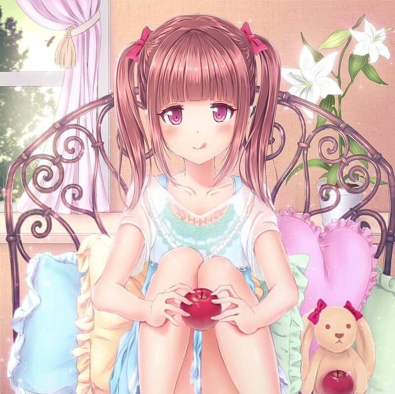 Anime Girl Holding Apple — Pink, Calm